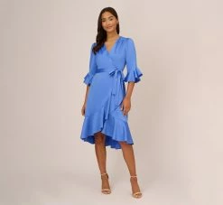 Adrianna Papell Satin Faux Wrap Dress With Ruffled Three-Quarter Sleeves In Precious Peri -Adrianna Papell Shop AP1D105057 AM492 Regular Front