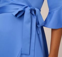 Adrianna Papell Satin Faux Wrap Dress With Ruffled Three-Quarter Sleeves In Precious Peri -Adrianna Papell Shop AP1D105057 AM492 Regular Lifestyle