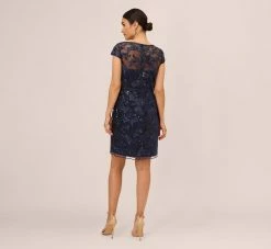 Adrianna Papell Sequin Floral Short Sleeve Dress With Popover In Navy 10 Adrianna Papell Sequin Floral Short Sleeve Dress With Popover In Navy -Adrianna Papell Shop AP1D105080 AA412 Regular Back