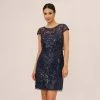 Adrianna Papell Sequin Floral Short Sleeve Dress With Popover In Navy