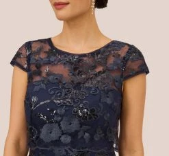 Adrianna Papell Sequin Floral Short Sleeve Dress With Popover In Navy 11 Adrianna Papell Sequin Floral Short Sleeve Dress With Popover In Navy -Adrianna Papell Shop AP1D105080 AA412 Regular Detail