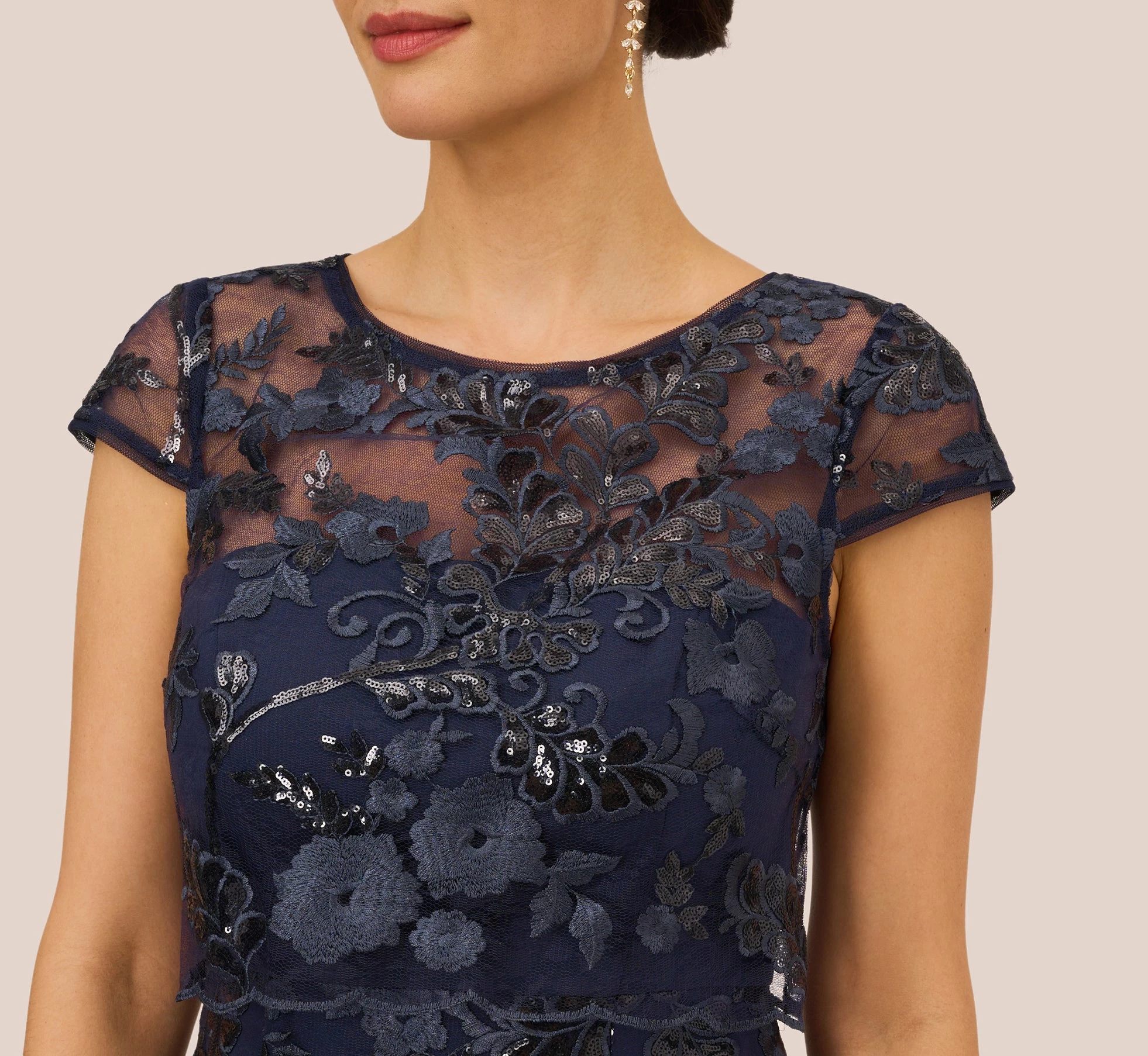 Adrianna Papell Sequin Floral Short Sleeve Dress With Popover In Navy 5 Adrianna Papell Sequin Floral Short Sleeve Dress With Popover In Navy - Image 5