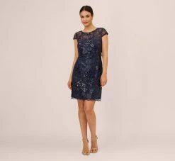 Adrianna Papell Sequin Floral Short Sleeve Dress With Popover In Navy 13 Adrianna Papell Sequin Floral Short Sleeve Dress With Popover In Navy -Adrianna Papell Shop AP1D105080 AA412 Regular Front