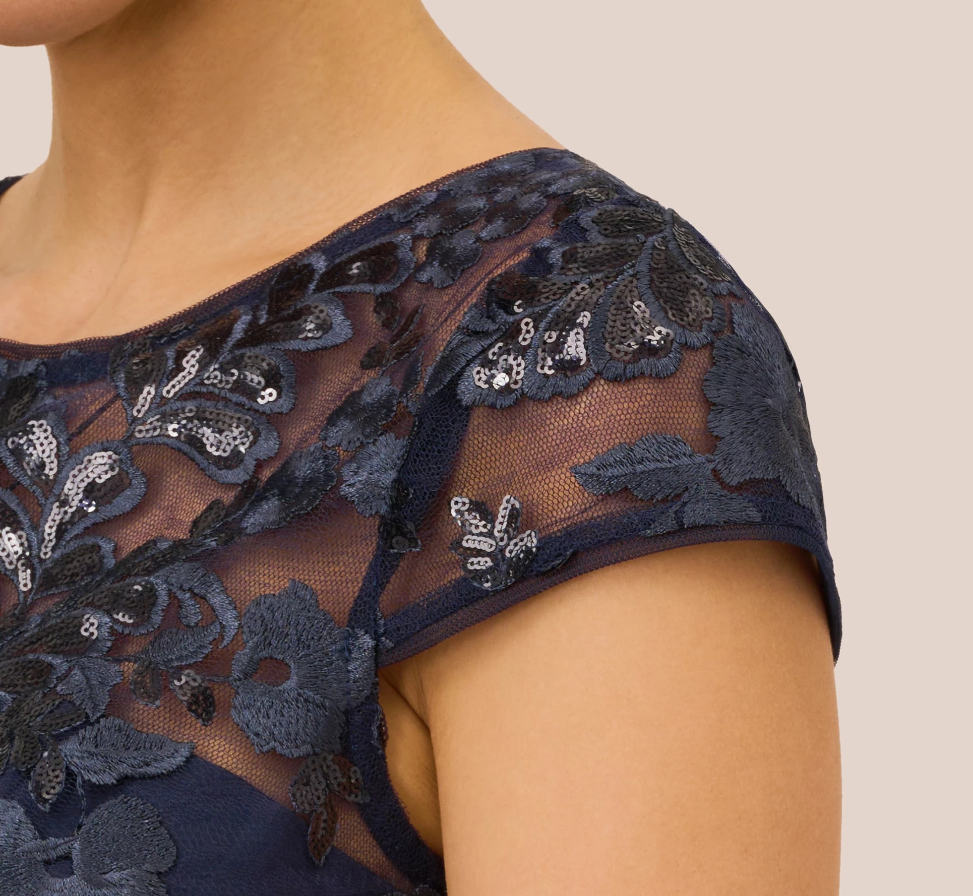 Adrianna Papell Sequin Floral Short Sleeve Dress With Popover In Navy 3 Adrianna Papell Sequin Floral Short Sleeve Dress With Popover In Navy - Image 3