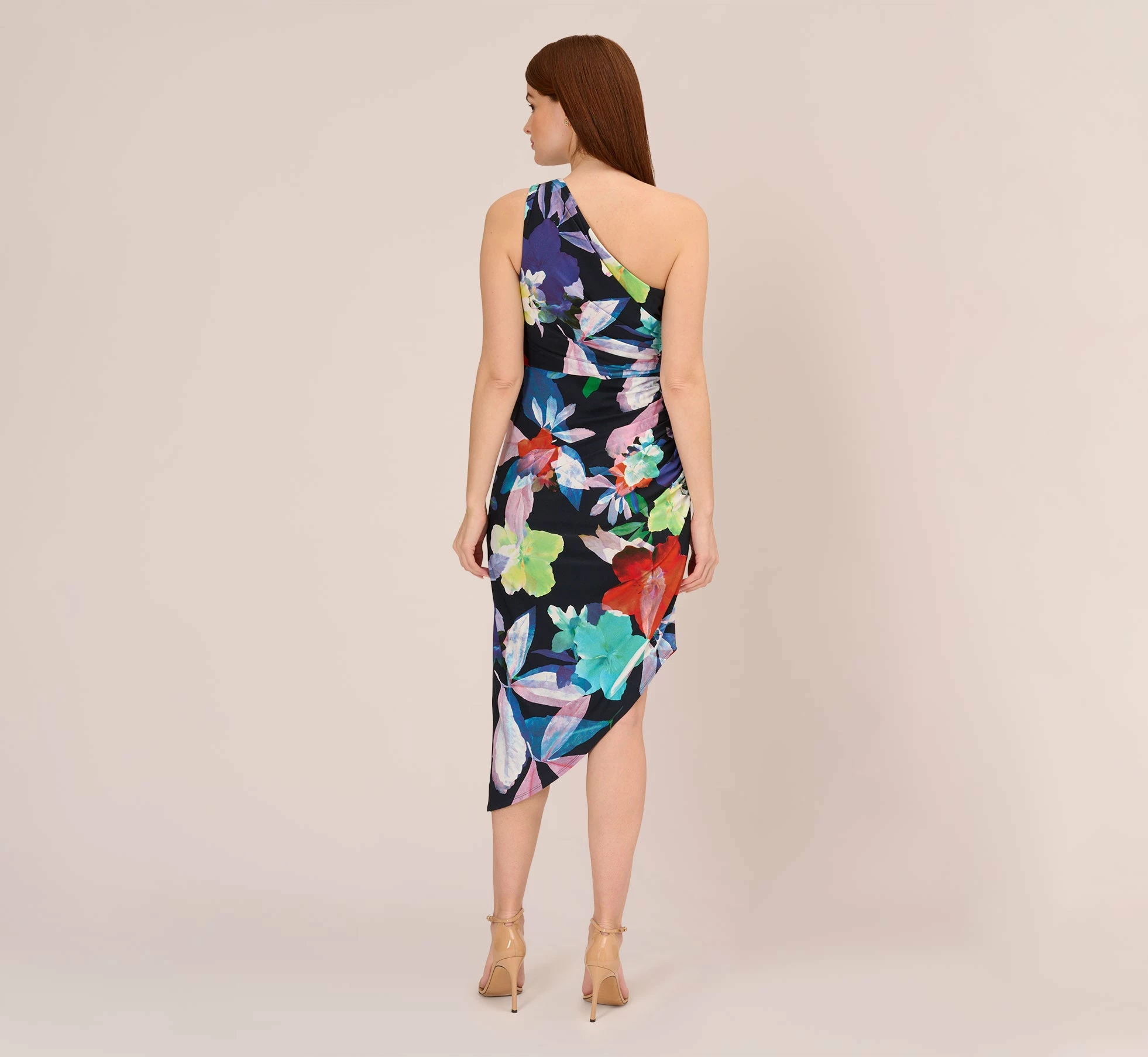 Adrianna Papell Multicolor Floral Jersey Midi Dress With One Shoulder Neckline In Dark Navy Multi 3 Adrianna Papell Multicolor Floral Jersey Midi Dress With One Shoulder Neckline In Dark Navy Multi - Image 3