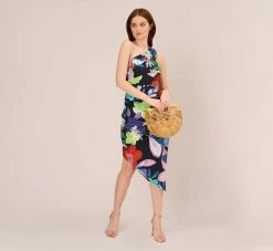 Adrianna Papell Multicolor Floral Jersey Midi Dress With One Shoulder Neckline In Dark Navy Multi