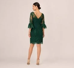 Adrianna Papell Embroidered Sequin Dress With Sheer Bell Sleeves In Deep Forest -Adrianna Papell Shop AP1D105083 AH303 Regular Back