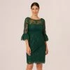 Adrianna Papell Embroidered Sequin Dress With Sheer Bell Sleeves In Deep Forest