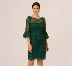 Adrianna Papell Embroidered Sequin Dress With Sheer Bell Sleeves In Deep Forest