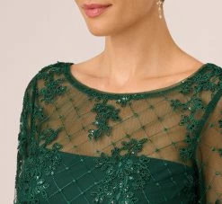 Adrianna Papell Embroidered Sequin Dress With Sheer Bell Sleeves In Deep Forest -Adrianna Papell Shop AP1D105083 AH303 Regular Detail