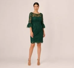 Adrianna Papell Embroidered Sequin Dress With Sheer Bell Sleeves In Deep Forest -Adrianna Papell Shop AP1D105083 AH303 Regular Front