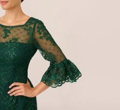 Adrianna Papell Embroidered Sequin Dress With Sheer Bell Sleeves In Deep Forest -Adrianna Papell Shop AP1D105083 AH303 Regular Lifestyle