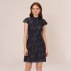 Adrianna Papell Velvet Burnout Floral Short Sleeve Dress With Mock Neck In Midnight