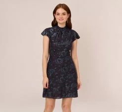 Adrianna Papell Velvet Burnout Floral Short Sleeve Dress With Mock Neck In Midnight