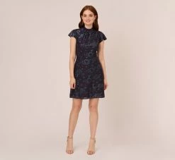 Adrianna Papell Velvet Burnout Floral Short Sleeve Dress With Mock Neck In Midnight -Adrianna Papell Shop AP1D105087 AB411 Regular Front
