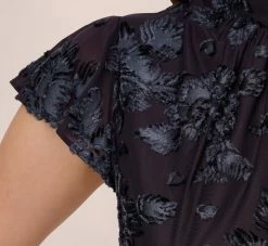 Adrianna Papell Velvet Burnout Floral Short Sleeve Dress With Mock Neck In Midnight -Adrianna Papell Shop AP1D105087 AB411 Regular Lifestyle