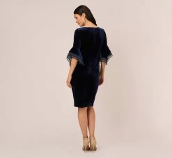 Adrianna Papell Velvet Sheath Dress With Tiered Three Quarter Sleeves In Midnight -Adrianna Papell Shop AP1D105090 AB411 Regular Back