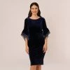 Adrianna Papell Velvet Sheath Dress With Tiered Three Quarter Sleeves In Midnight