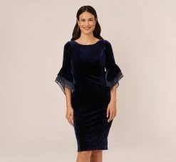 Adrianna Papell Velvet Sheath Dress With Tiered Three Quarter Sleeves In Midnight