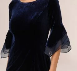 Adrianna Papell Velvet Sheath Dress With Tiered Three Quarter Sleeves In Midnight -Adrianna Papell Shop AP1D105090 AB411 Regular Detail