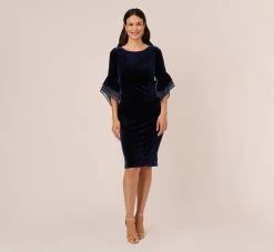 Adrianna Papell Velvet Sheath Dress With Tiered Three Quarter Sleeves In Midnight -Adrianna Papell Shop AP1D105090 AB411 Regular Front
