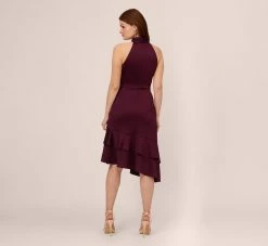 Adrianna Papell Satin Crepe Halter Midi Dress With Ruffled Hem In Bordeaux Glow -Adrianna Papell Shop AP1D105092 AW504 Regular Back