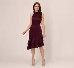 Adrianna Papell Satin Crepe Halter Midi Dress With Ruffled Hem In Bordeaux Glow