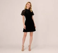 Adrianna Papell Mock Neck Velvet Dress With Sheer Short Sleeves In Black