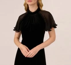 Adrianna Papell Mock Neck Velvet Dress With Sheer Short Sleeves In Black -Adrianna Papell Shop AP1D105096 AA002 Regular Detail