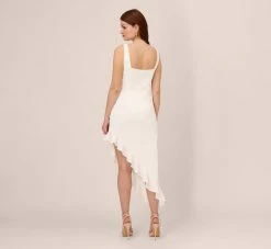 Adrianna Papell Asymmetrical Crepe Midi Dress With Flounce Hem In Ivory -Adrianna Papell Shop AP1D105097 AA194 Regular Back