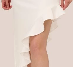 Adrianna Papell Asymmetrical Crepe Midi Dress With Flounce Hem In Ivory -Adrianna Papell Shop AP1D105097 AA194 Regular Lifestyle
