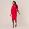 Adrianna Papell Wrap Front Dress With Three-Quarter Sleeves In Hot Ruby
