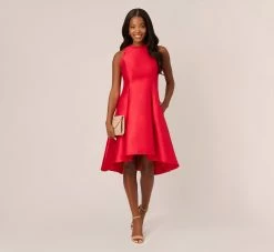 Adrianna Papell Halter Mikado Dress With Ruffle Trim In Red -Adrianna Papell Shop AP1D105116 AA610 Regular Side