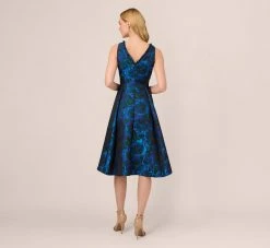 Adrianna Papell High Low Halter Floral Jacquard Dress With Ruffle Details In Blue Multi -Adrianna Papell Shop AP1D105119 AA461 Regular Back