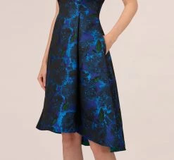 Adrianna Papell High Low Halter Floral Jacquard Dress With Ruffle Details In Blue Multi -Adrianna Papell Shop AP1D105119 AA461 Regular Detail