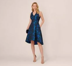 Adrianna Papell High Low Halter Floral Jacquard Dress With Ruffle Details In Blue Multi -Adrianna Papell Shop AP1D105119 AA461 Regular Side