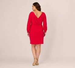 Adrianna Papell Plus Size Long Sleeve Draped Jersey Dress With Beaded Cuffs In Hot Ruby -Adrianna Papell Shop AP1D105124 AU610 Plus Back