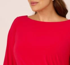 Adrianna Papell Plus Size Long Sleeve Draped Jersey Dress With Beaded Cuffs In Hot Ruby -Adrianna Papell Shop AP1D105124 AU610 Plus Detail