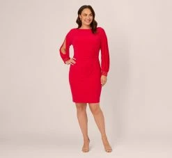 Adrianna Papell Plus Size Long Sleeve Draped Jersey Dress With Beaded Cuffs In Hot Ruby -Adrianna Papell Shop AP1D105124 AU610 Plus Front