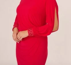 Adrianna Papell Plus Size Long Sleeve Draped Jersey Dress With Beaded Cuffs In Hot Ruby -Adrianna Papell Shop AP1D105124 AU610 Plus Lifestyle