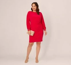Adrianna Papell Plus Size Long Sleeve Draped Jersey Dress With Beaded Cuffs In Hot Ruby -Adrianna Papell Shop AP1D105124 AU610 Plus Side