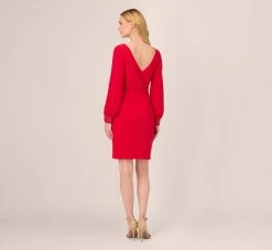 Adrianna Papell Long Sleeve Draped Jersey Dress With Beaded Cuffs In Hot Ruby -Adrianna Papell Shop AP1D105124 AU610 Regular Back