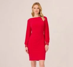 Adrianna Papell Long Sleeve Draped Jersey Dress With Beaded Cuffs In Hot Ruby