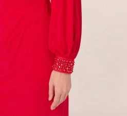 Adrianna Papell Long Sleeve Draped Jersey Dress With Beaded Cuffs In Hot Ruby -Adrianna Papell Shop AP1D105124 AU610 Regular Detail