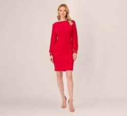 Adrianna Papell Long Sleeve Draped Jersey Dress With Beaded Cuffs In Hot Ruby -Adrianna Papell Shop AP1D105124 AU610 Regular Front
