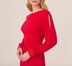 Adrianna Papell Long Sleeve Draped Jersey Dress With Beaded Cuffs In Hot Ruby -Adrianna Papell Shop AP1D105124 AU610 Regular Lifestyle