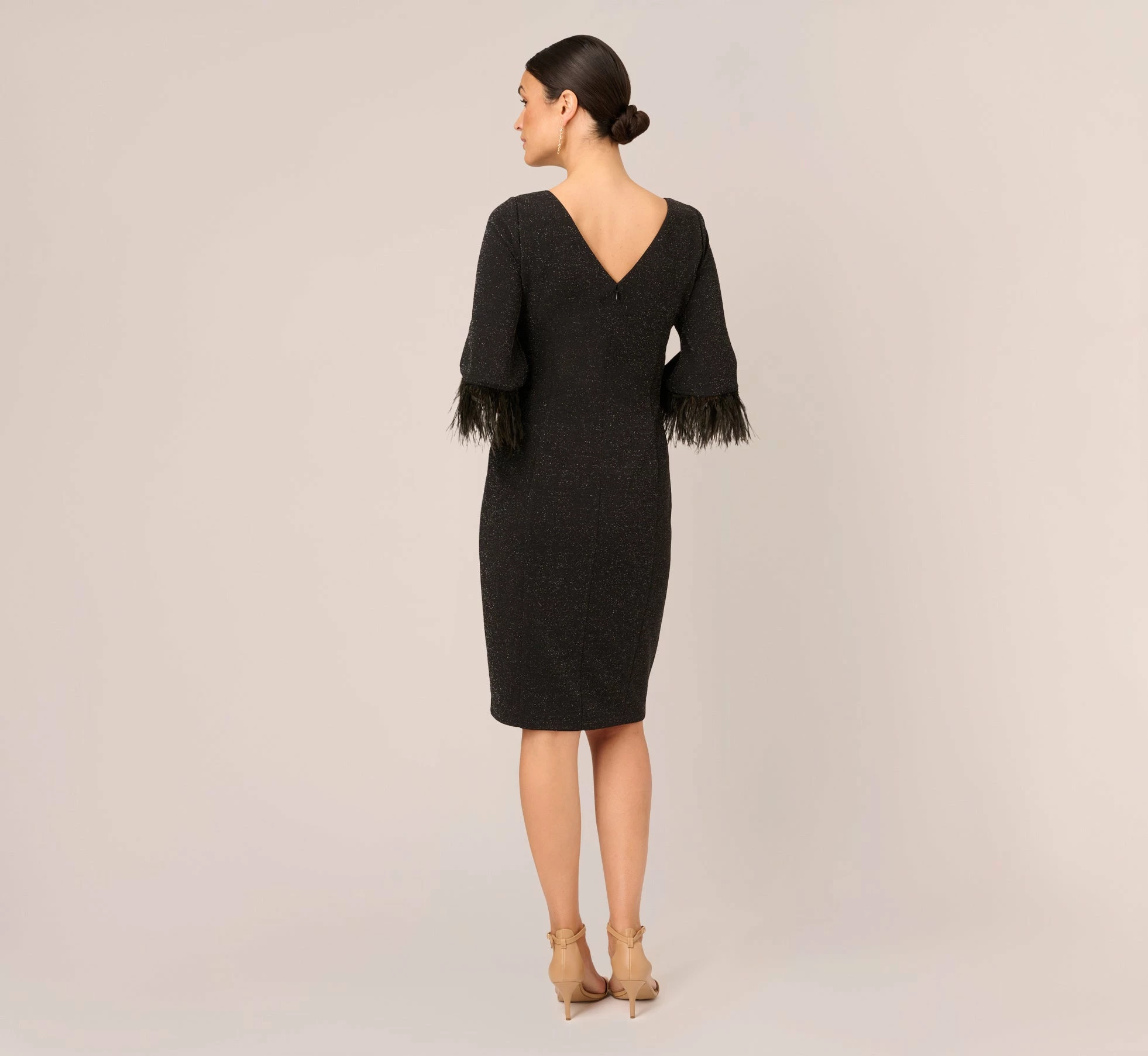 Adrianna Papell Metallic Knit Sheath Dress With Feather Trim Sleeves In Black 4 Adrianna Papell Metallic Knit Sheath Dress With Feather Trim Sleeves In Black - Image 4