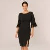 Adrianna Papell Metallic Knit Sheath Dress With Feather Trim Sleeves In Black