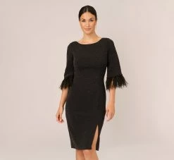 Adrianna Papell Metallic Knit Sheath Dress With Feather Trim Sleeves In Black