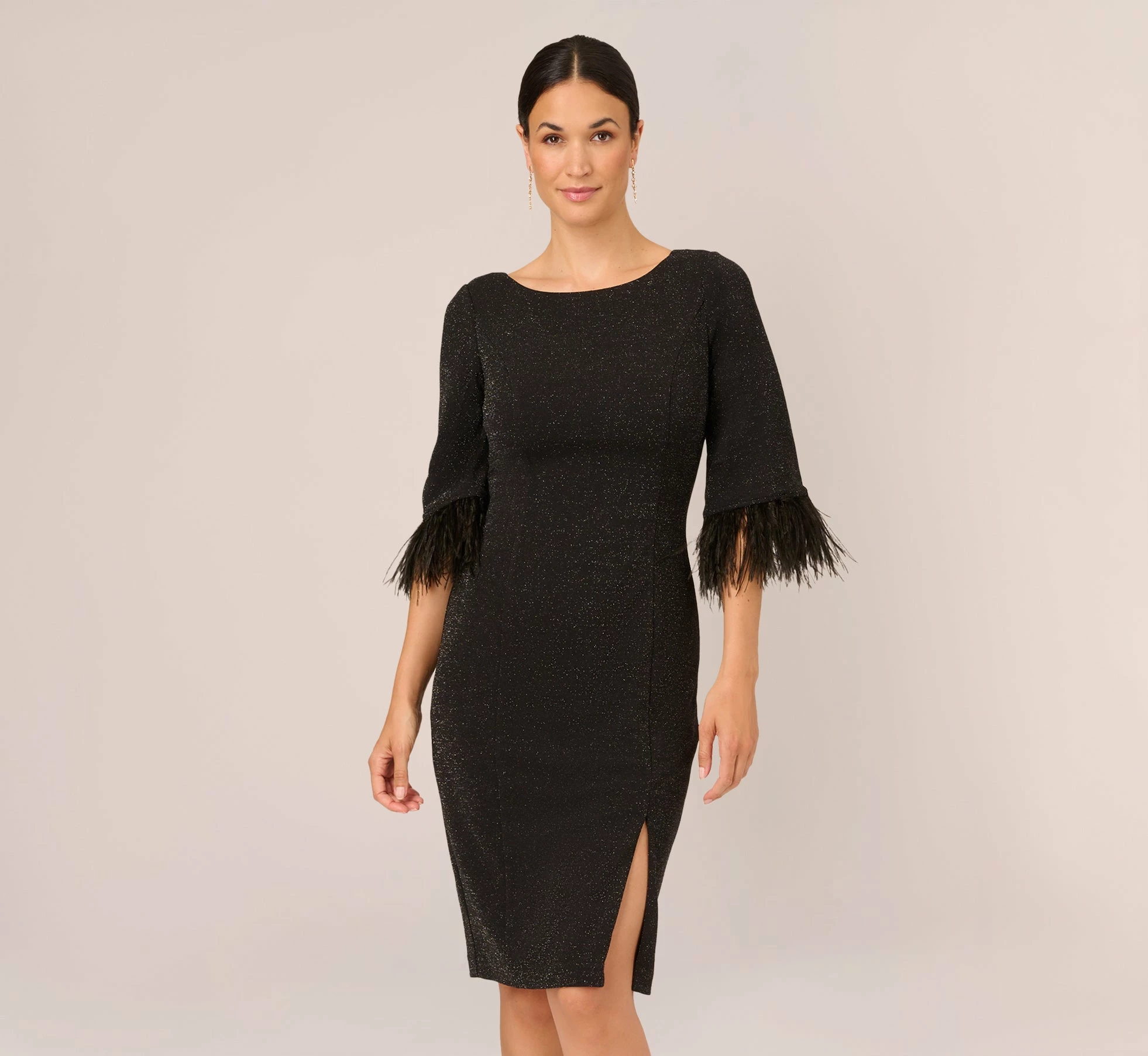 Adrianna Papell Metallic Knit Sheath Dress With Feather Trim Sleeves In Black 1 Adrianna Papell Metallic Knit Sheath Dress With Feather Trim Sleeves In Black